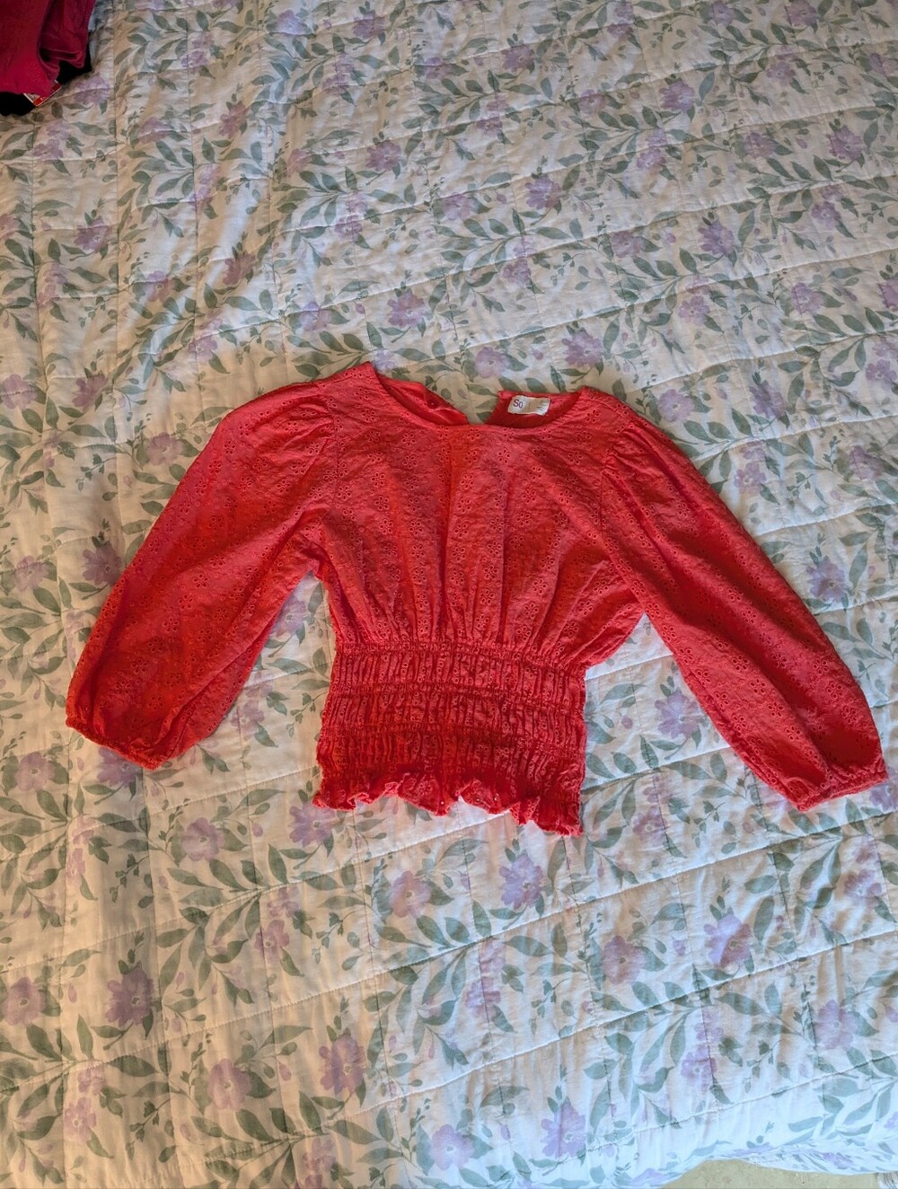 SO Juniors Coral Floral Cutout Blous With Puffy Sleeves